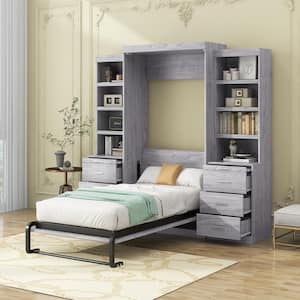 Gray Wood Frame Twin Size Murphy Bed with 8 Storage Shelves and 8-Drawer, Folded Into a Cabinet