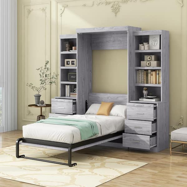 Harper & Bright Designs Gray Wood Frame Twin Size Murphy Bed with 8 Storage  Shelves and 8-Drawer, Folded Into a Cabinet QHS262AAE-T - The Home Depot