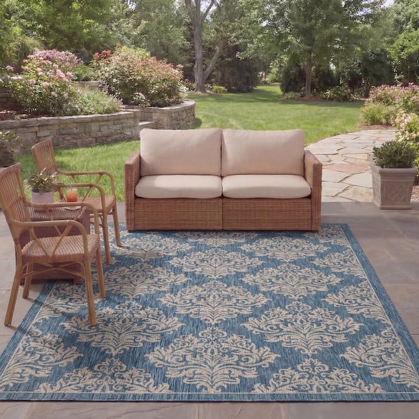 Courtyard Navy/Gray 8 ft. x 11 ft. Diamond Ornate Floral Indoor/Outdoor Area Rug