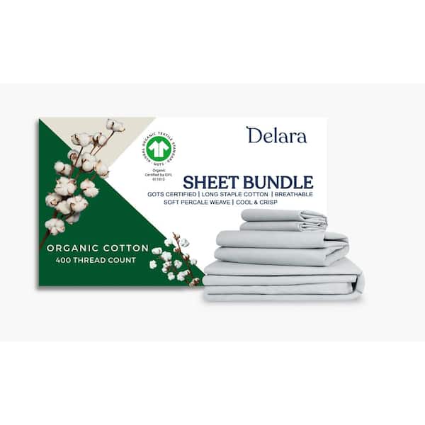 Delara Delara 7-Piece Sheet Bundle Set Light Blue 100% Organic Cotton Percale Weave Full Duvet Set+Sheet Set