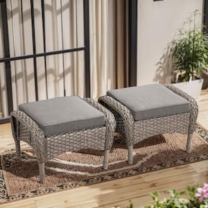 Carlos Gray Wicker 2-Piece Outdoor Ottoman Steel Frame Patio Footstools with Gray Cushion