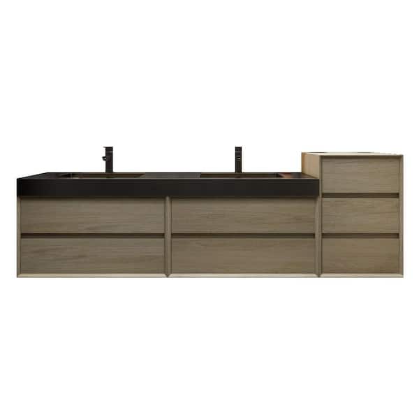 MIA 91 in. W x 20 in. D x 30 in. H Double Sink & Side Cabinet Bath Vanity in Coffee Wood with Black Stainless Steel Top