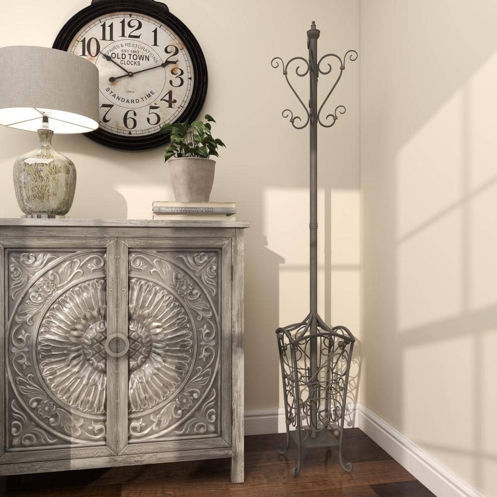 74 in. Black Metal Vintage Style Coat Rack with Scroll Designs - thumbnail 9
