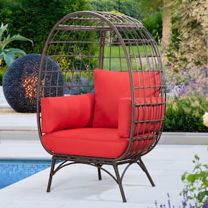 Patio Brown Wicker Indoor/Outdoor Egg Lounge Chair with Red Cushions