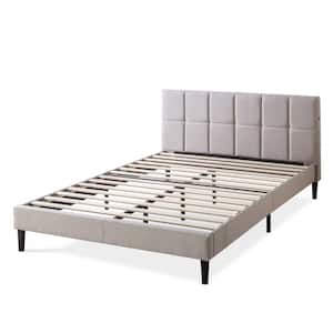 Lottie Beige Queen Upholstered Platform Bed Frame with Short Headboard and USB Ports