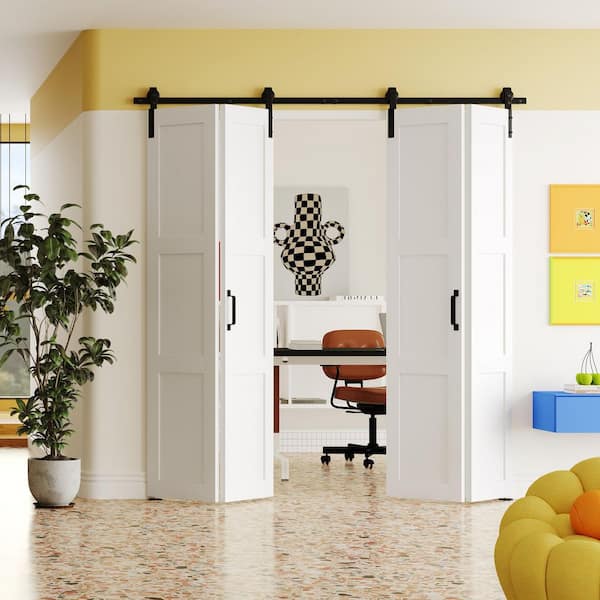 84 in. x 84 in. White, 3 Panel, Finished, Paneled MDF, Bi-Fold Style Sliding Barn Door with Hardware Kit