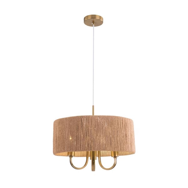 OUKANING 3-Light Gold Bohemia Farmhouse Pendant Light with Brown Woven Shade and Adjustable Height, No Bulbs Included