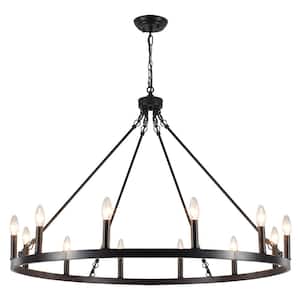 Moomal 12-Light Black Farmhouse Candle Dimmable Wagon Wheel Chandelier for Living Room Kitchen Island Dining Foyer