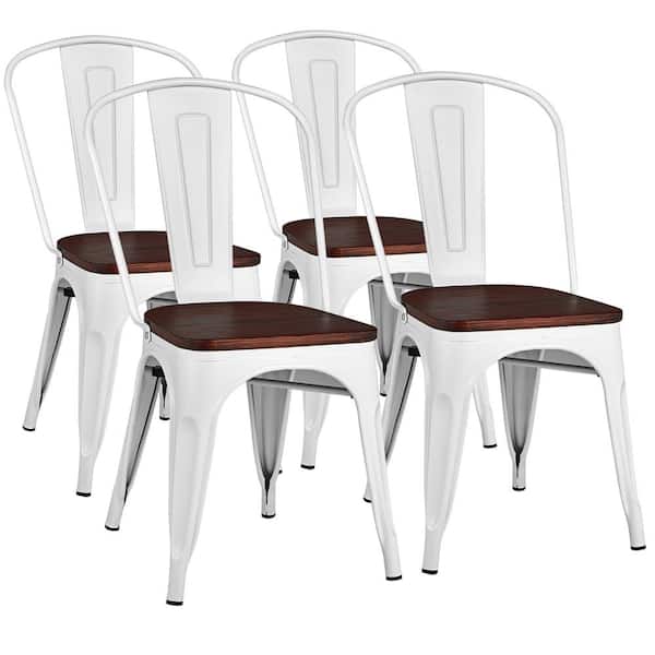 Costway White Tolix Style Metal Dining Chair Wood Seat Stackable Bistro Cafe (Set of 4)