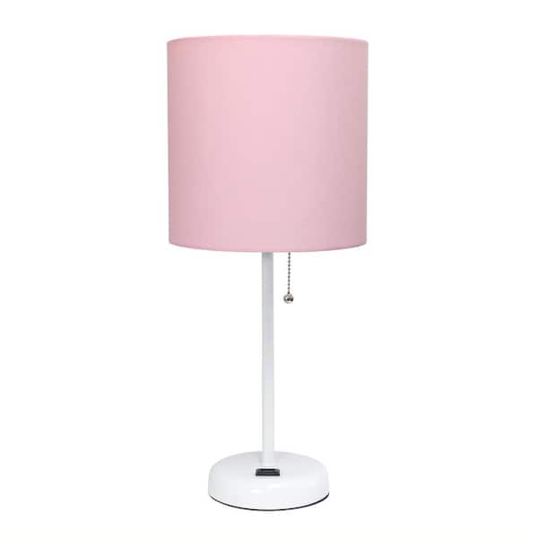 Simple Designs 19.5 in White and Pink Stick Lamp with Charging Outlet and Fabric Shade