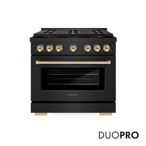 Autograph 36 in. 5.2 cu.ft. Dual Fuel Range with 6 Burner DuoPro Cooktop and Convection Oven in Black Stainless and Gold