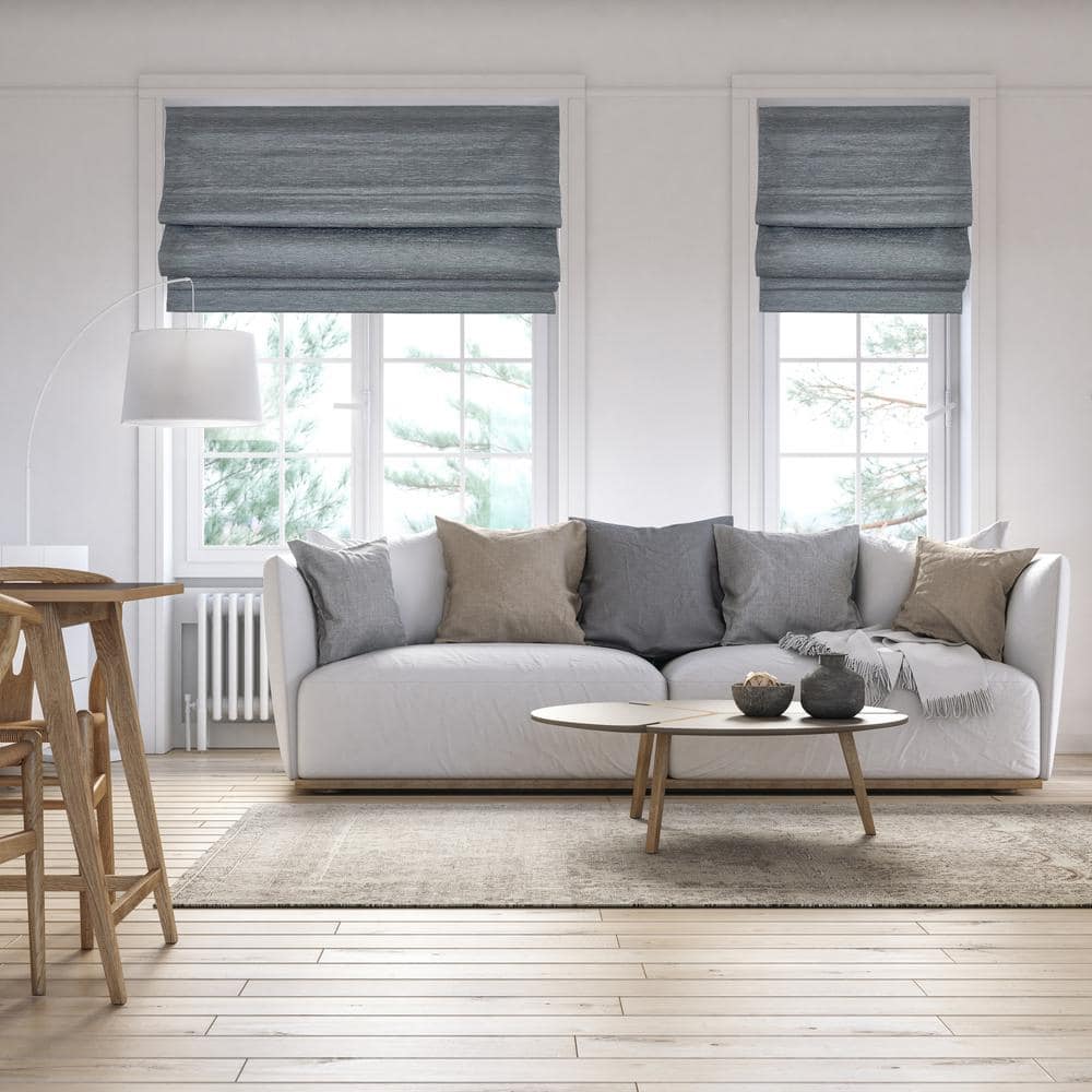 Ash Grey Cordless Roman Blackout Outdoor Fabric Shades 63" x 34"