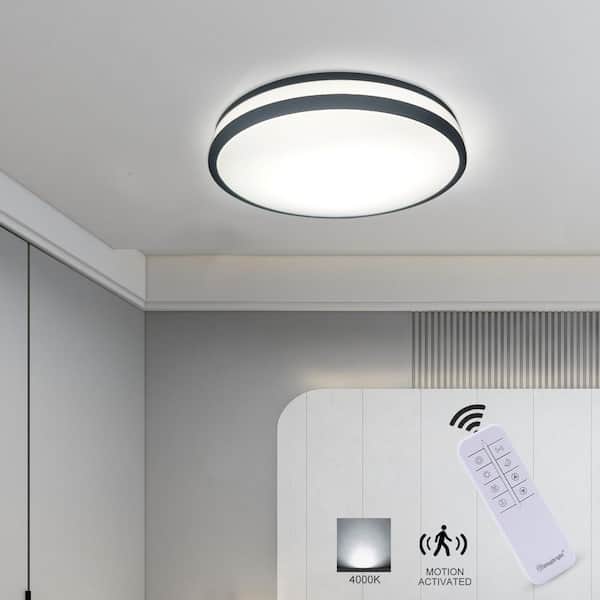 13 in. Flush Mount with Plastic Shade Integrated LED Ceiling Light 4000K with Microwave Sensor and Remote