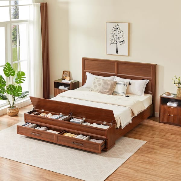 Keaton Walnut Brown Wooden Frame King Size Platform Bed with Geometric Headboard, Storage Bench Drawers