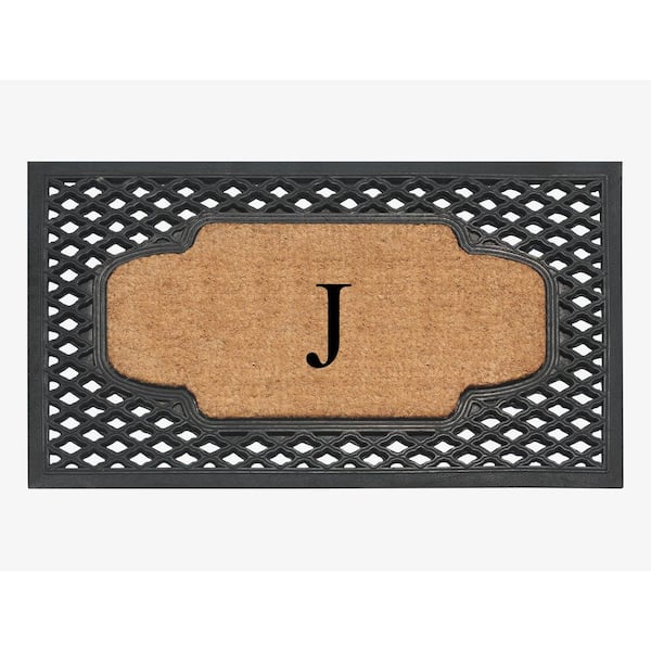 A1 Home Collections A1hc Mesh Border Black 23 in. x 38 in. Rubber and Coir Heavy-Weight Outdoor Durable Monogrammed J Door Mat