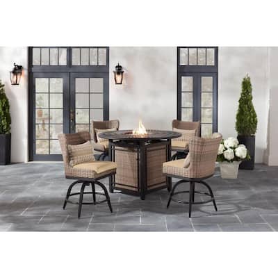 Home Decorators Collection Hazelhurst 5-Piece Brown Wicker Outdoor Patio High Dining Fire Pit Seating Set with Sunbrella...