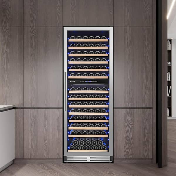 TITTLA 23.54 in Dual Zone Cellar Cooling Unit in Silver 154-Wine Bottles Two Shapes of Door Handles Removable Shelves Blue LEDs