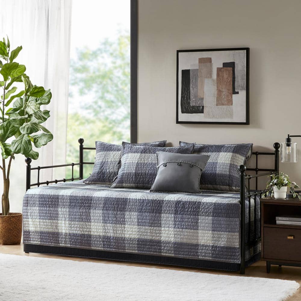 Gray Microfiber Reversible Plaid Daybed Cover Set