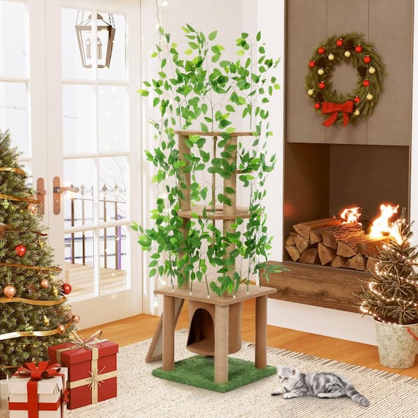 Coziwow 76 in. Cat Tree with Green Leaves 5 Tier Cat Tower and Cat Condo Scratchers Indoor Home Decor Brown