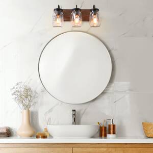Farmhouse Bathroom Vanity Light 3-Light Black Powder Room Wall Sconce with Brown Faux Wood Accent Clear Mason Jar Shades