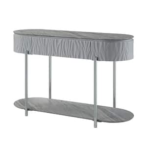 Yukino 47 in. Gray High Gloss and Chrome Finish Oval Wood Console Table