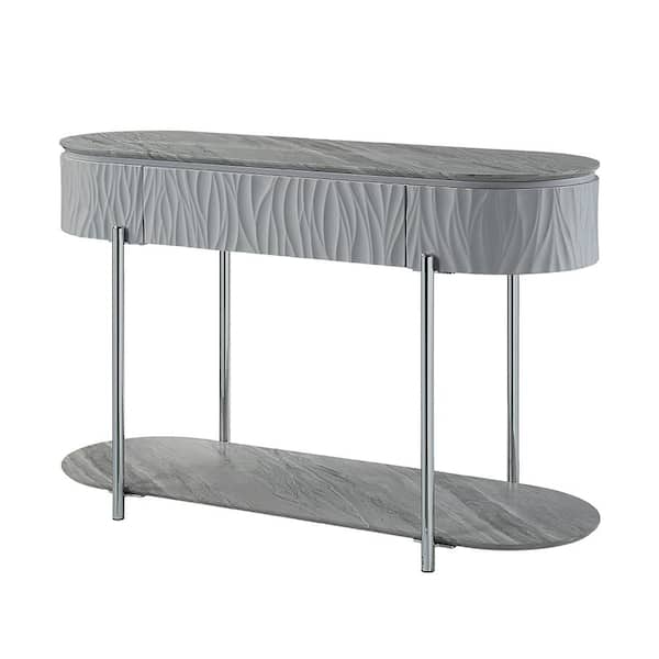Acme Furniture Yukino 47 in. Gray High Gloss and Chrome Finish Oval Wood Console Table
