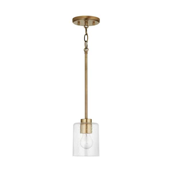 Greyson 5 in. W x 7 in. H 1-Light Clear Seeded Glass Pendant in Aged Brass