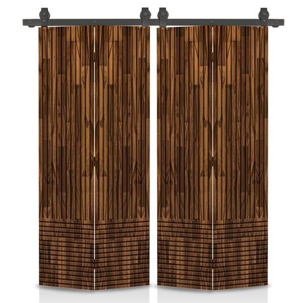 Japanese Series 40 in. x 80 in. Hollow Core Walnut Pine Wood Double Bi-Fold Barn Door with Sliding Hardware Kit