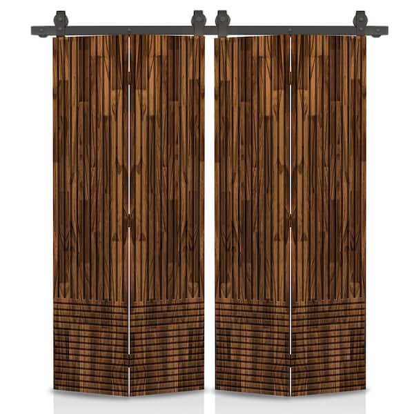 CALHOME Japanese Series 64 in. x 84 in. Hollow Core Walnut Pine Wood Double Bi-Fold Barn Door with Sliding Hardware Kit