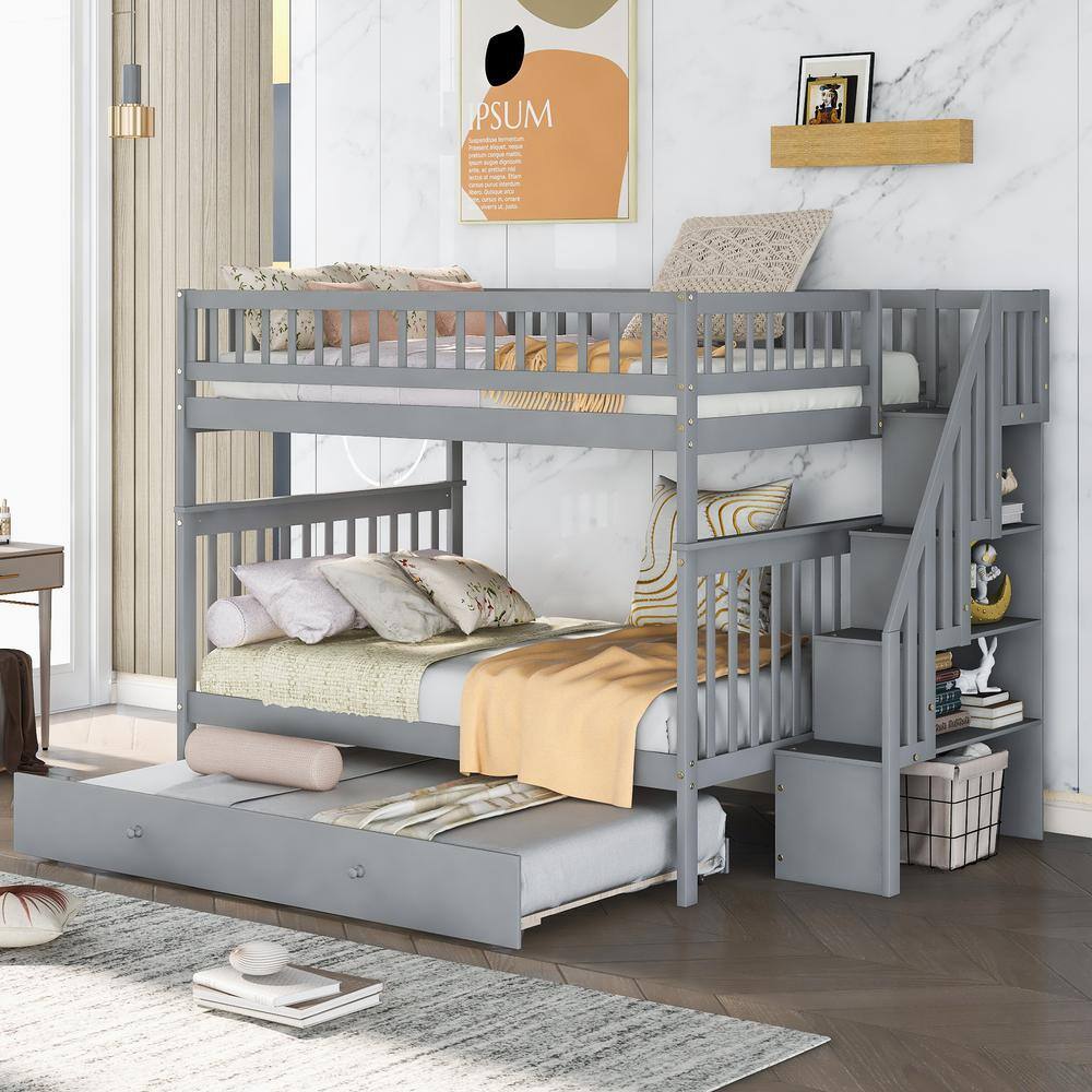 GOJANE Gray Full Over Full Bunk Bed with Trundle and Staircase ...