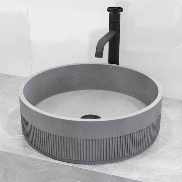 VIGO Cypress Gray Concreto Stone Rectangular Bathroom Vessel Sink with Cass Vessel Faucet and Pop-Up Drain in Matte Black