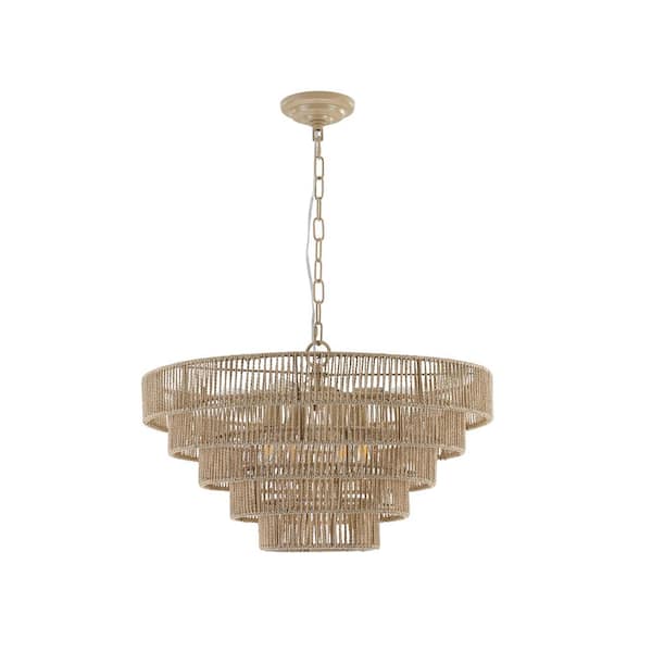 HKMGT Bohemian 8-Light 5-Tier Brown Woven Rattan Round Chandelier for Living Room Kitchen Island with No Bulb Included