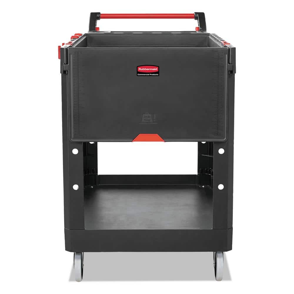 Heavy Duty Black Plastic Utility Cart with Adjustable Handle and Flip-Up Shelf