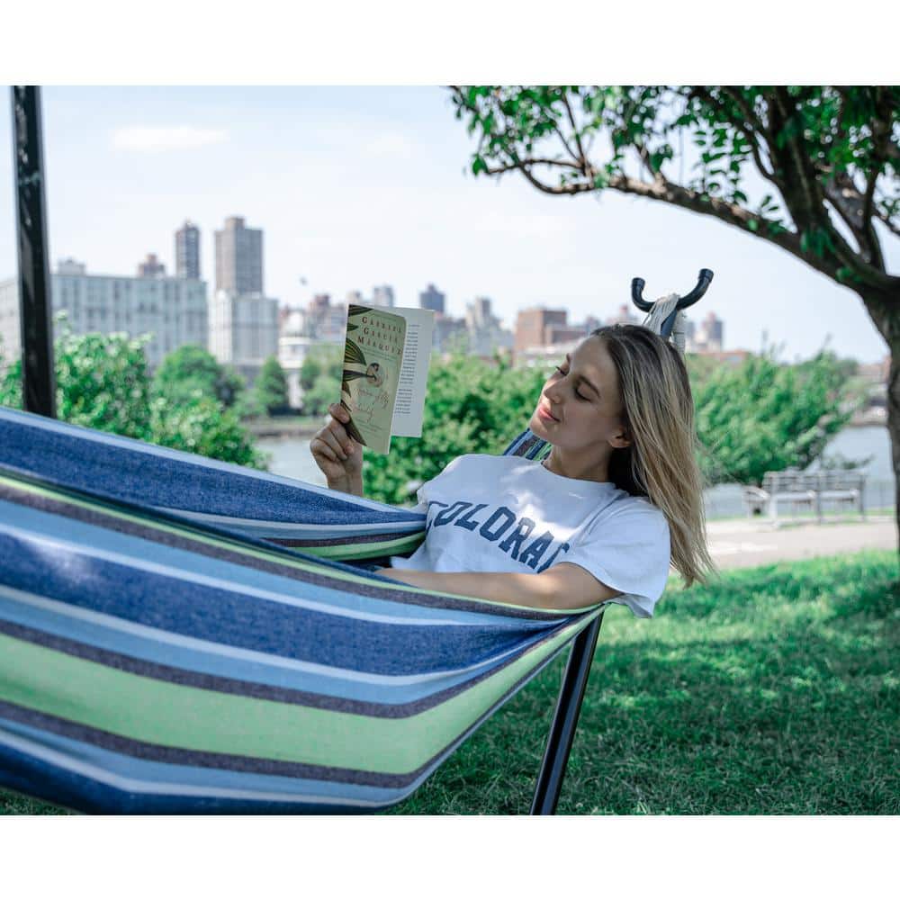 9 ft Blue and Green Cotton Double Hammock with Stand