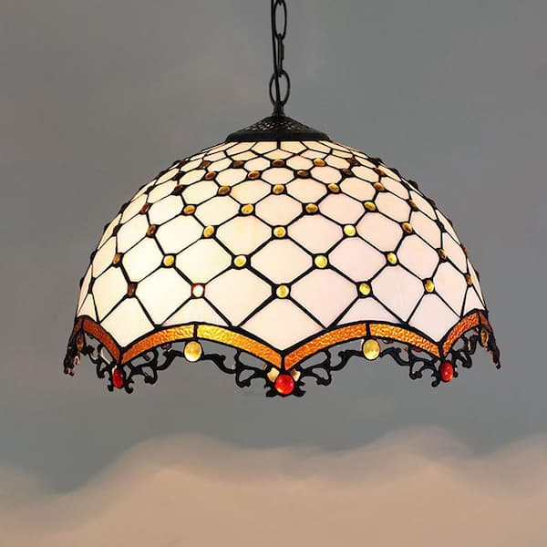 Tiffany 16 in. Gold Hanging Bowl Pendant with Stained Glass Shade
