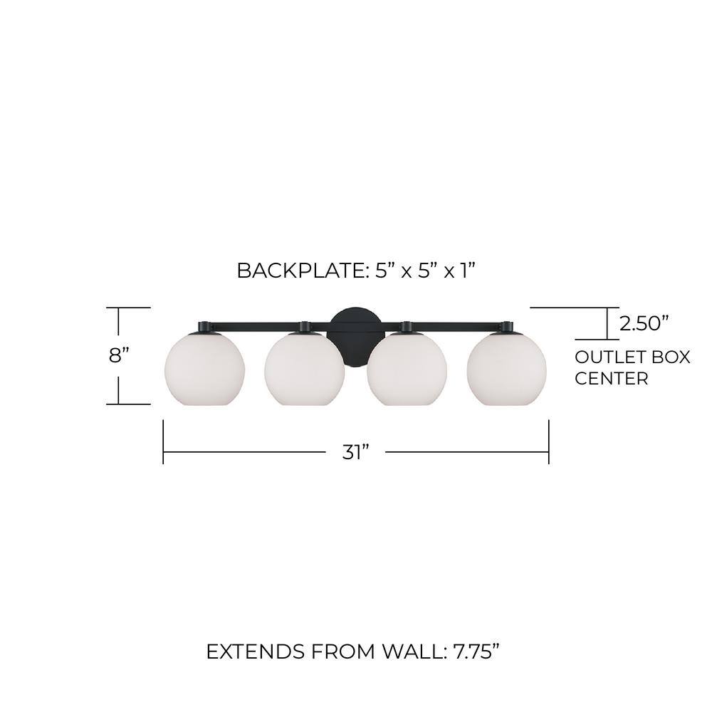 Matte Black 4-Light Vanity with Soft White Glass Globes