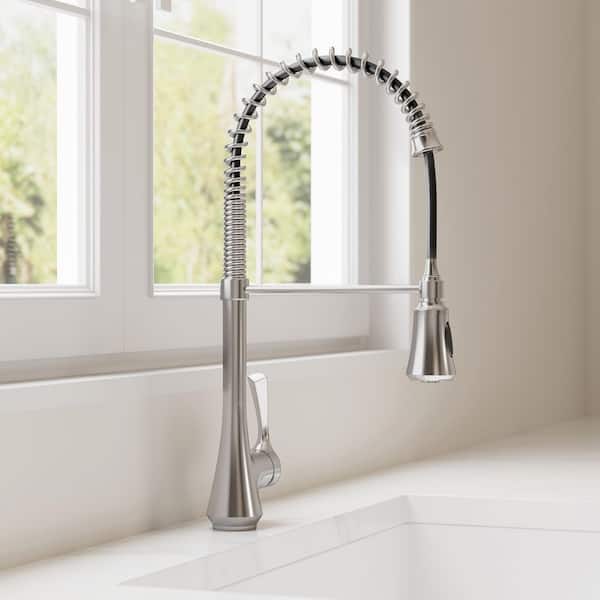 Single Handle 22.5 in. H Pull Down Sprayer Kitchen Faucet with 2-Function 360° Swivel Spout in Brushed Stainless