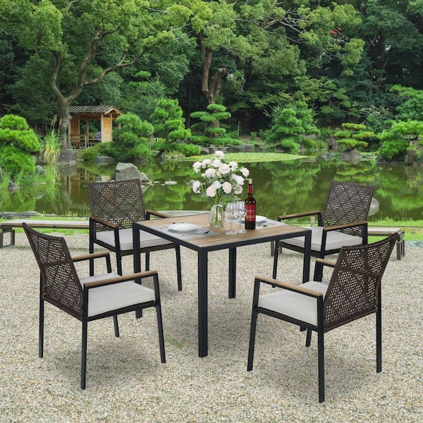 5-Piece Wicker Outdoor Dining Table Set, Patio Conversation Set Acacia Wood Table Top with Umbrella Hole, White Cushions