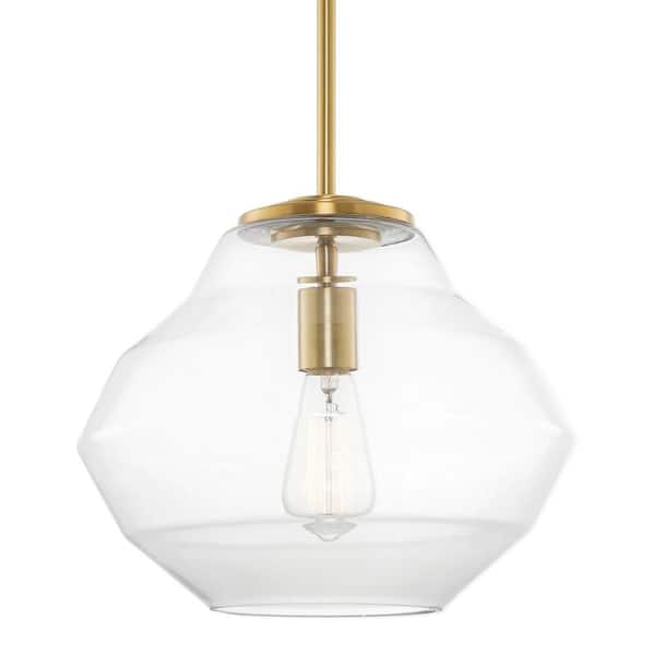 Kira Home Saylor 60-Watt 1-Light Warm Brass Farmhouse Pendant Light with Clear Shade