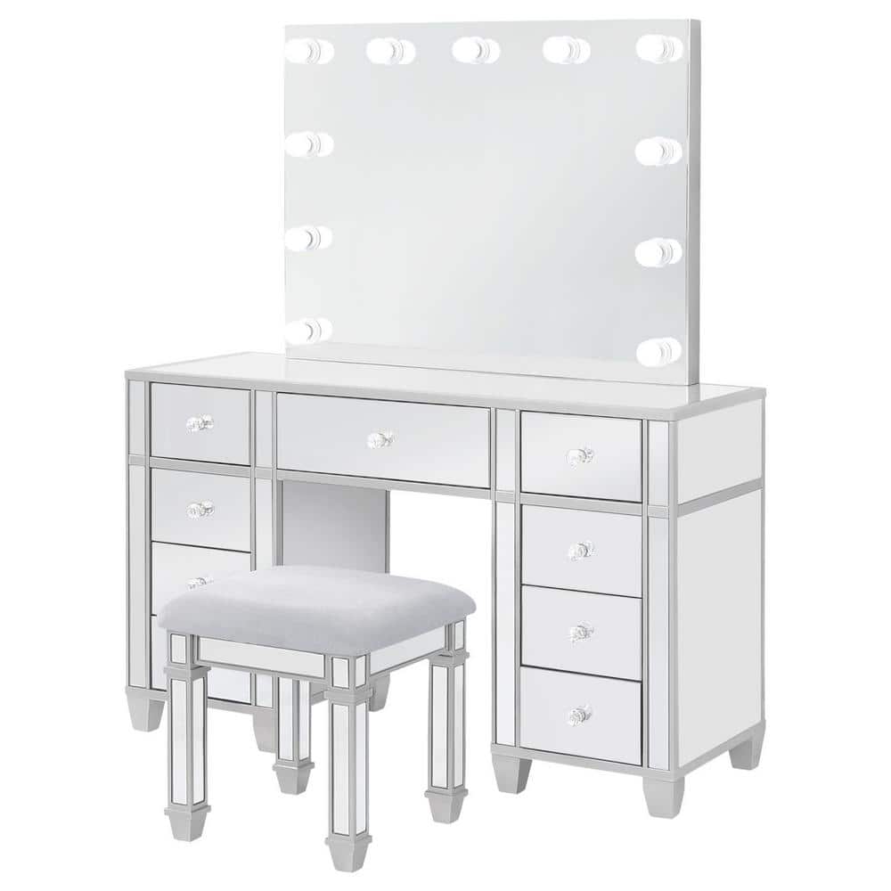 Allora Silver Mirrored Vanity Set with Bench and Hollywood Lighting