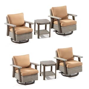 6-Piece Wicker 4-seat Outdoor Patio Conversation Set with Tan Cushions, 4 Swivel Chairs, and 2 Side Table