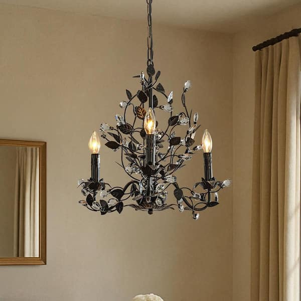 ALOA DECOR Contemporary 3-Light W20 in. Dark Bronze Leaf Chandelier Elegant Candlestick Shape With Crystal For Dining Room Foyer