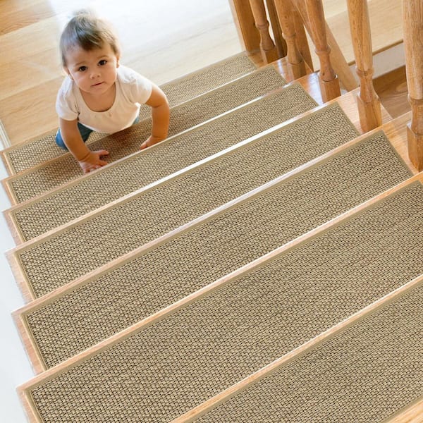10 in. x 30 in. Beige Linen Non-Slip Stair Tread Cover (Set of 4)