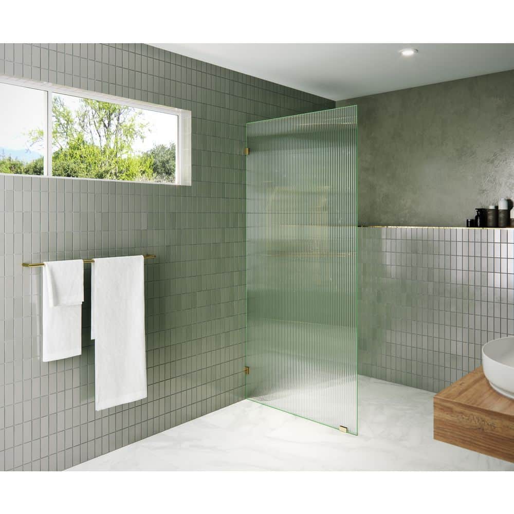 34 in. W x 78 in. H Fixed Single Panel Frameless Shower Door in Polished Brass with Fluted Frosted Glass price history on PriceWatchPro