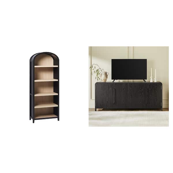 Contemporary 70 in. Black TV Stand and Arched 76 in. Black 5-Shelf Bookcase Combo