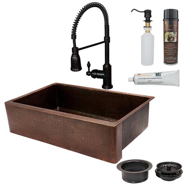 Premier Copper Products All-in-One Farmhouse Apron-Front Copper 35 in. 0-Hole Single Basin Kitchen Sink in Oil Rubbed Bronze