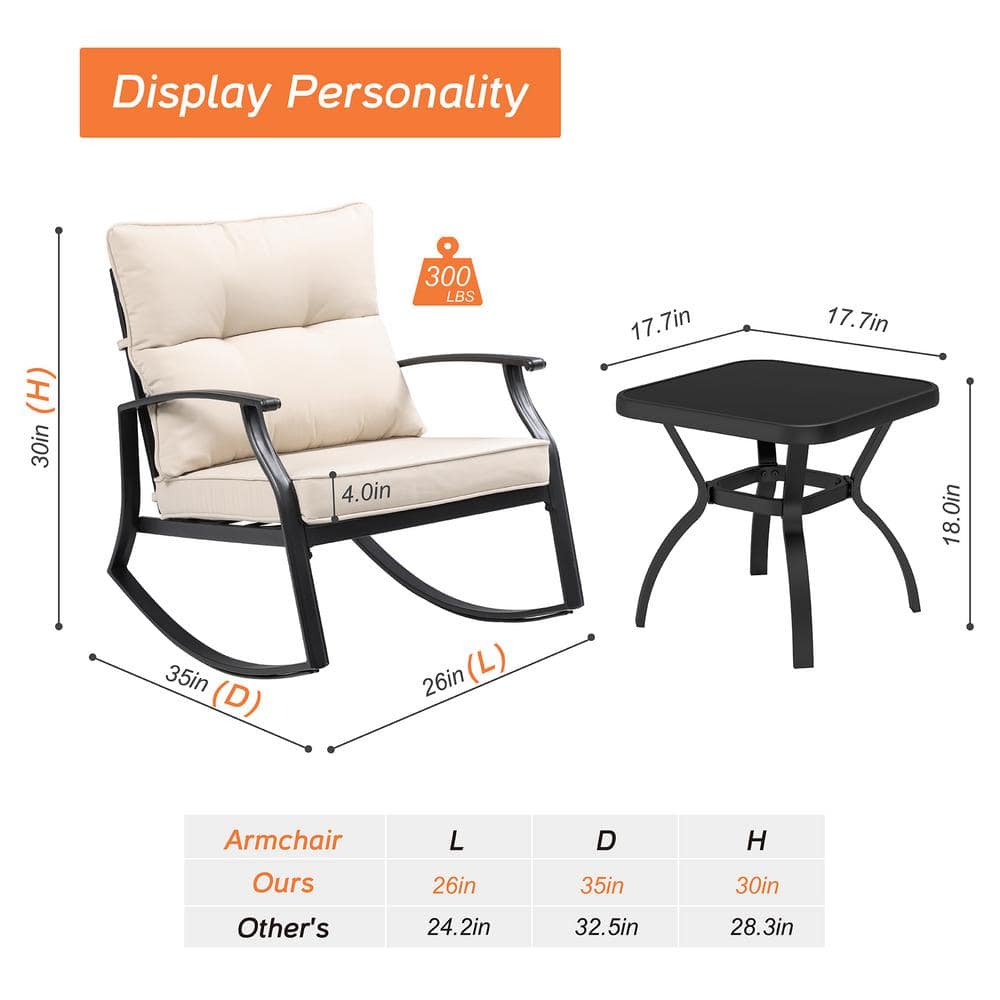 Unbranded Serga 3-Piece Metal Patio Rocking Chair Outdoor Bistro Set with Beige Cushion - 3