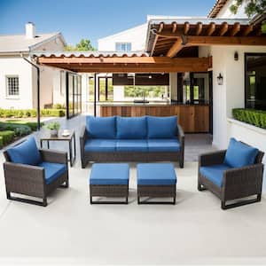 Valenta Brown 6-Piece Wicker Patio Conversation Seating Set with Blue Cushions