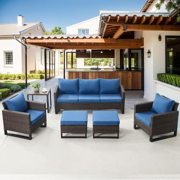 Gymojoy Valenta Brown 6-Piece Wicker Patio Conversation Seating Set with Blue Cushions