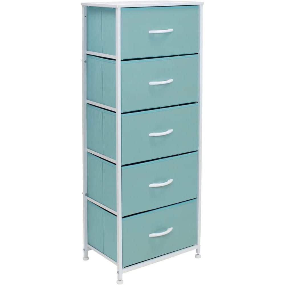 Aqua Fabric 5-Drawer Tall Storage Dresser with Steel Frame